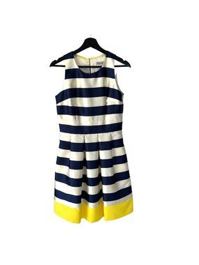 Eliza J Blue White Yellow Stripe Sleeveless Fit Flare Knee Length Dress 6